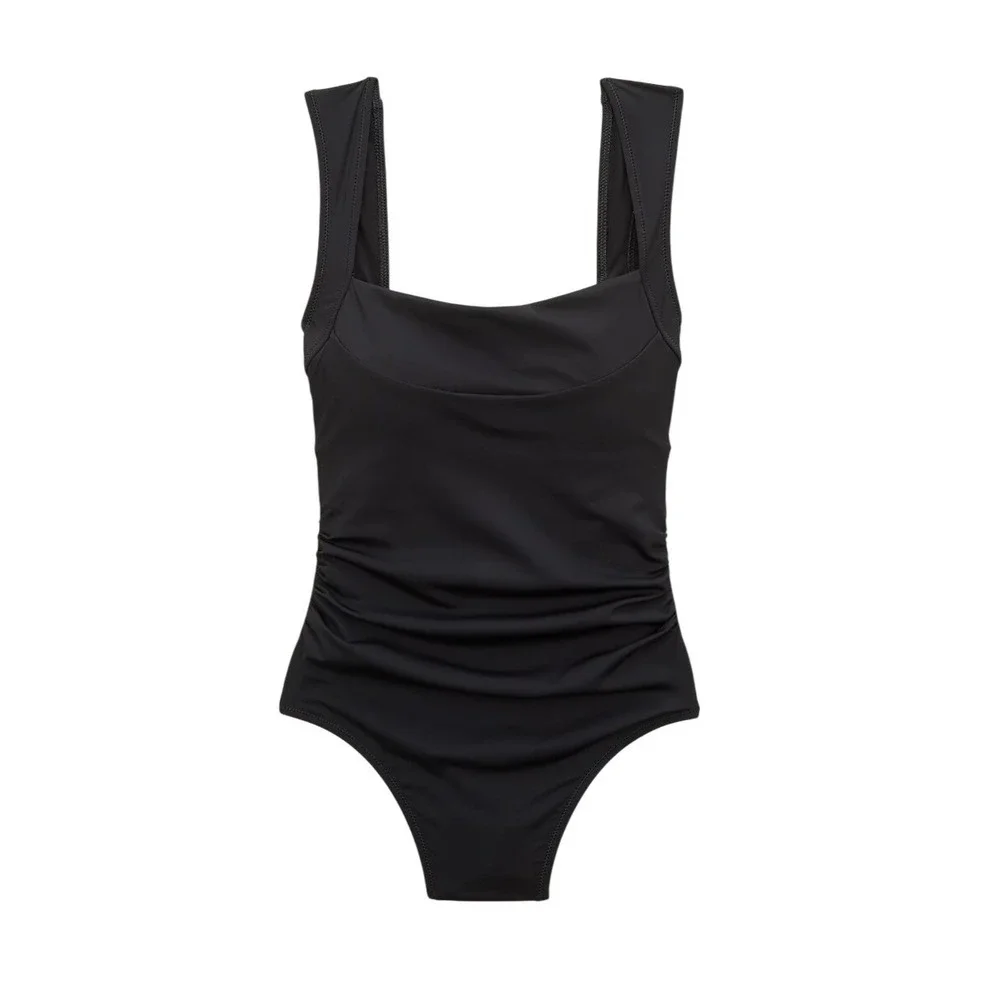 J. Crew Nia Ruched Square Neck One Piece Swimsuit Black Nylon 8